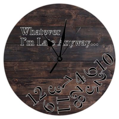 Swavecat Whatever I'm Late Anyway Clock Vintage Brown Wood Grain Distressed Wood Wall Clock Retro Farmhouse Round Hanging Wall Clocks Non-Ticking Silent Wall Clock for Home Office 12inch