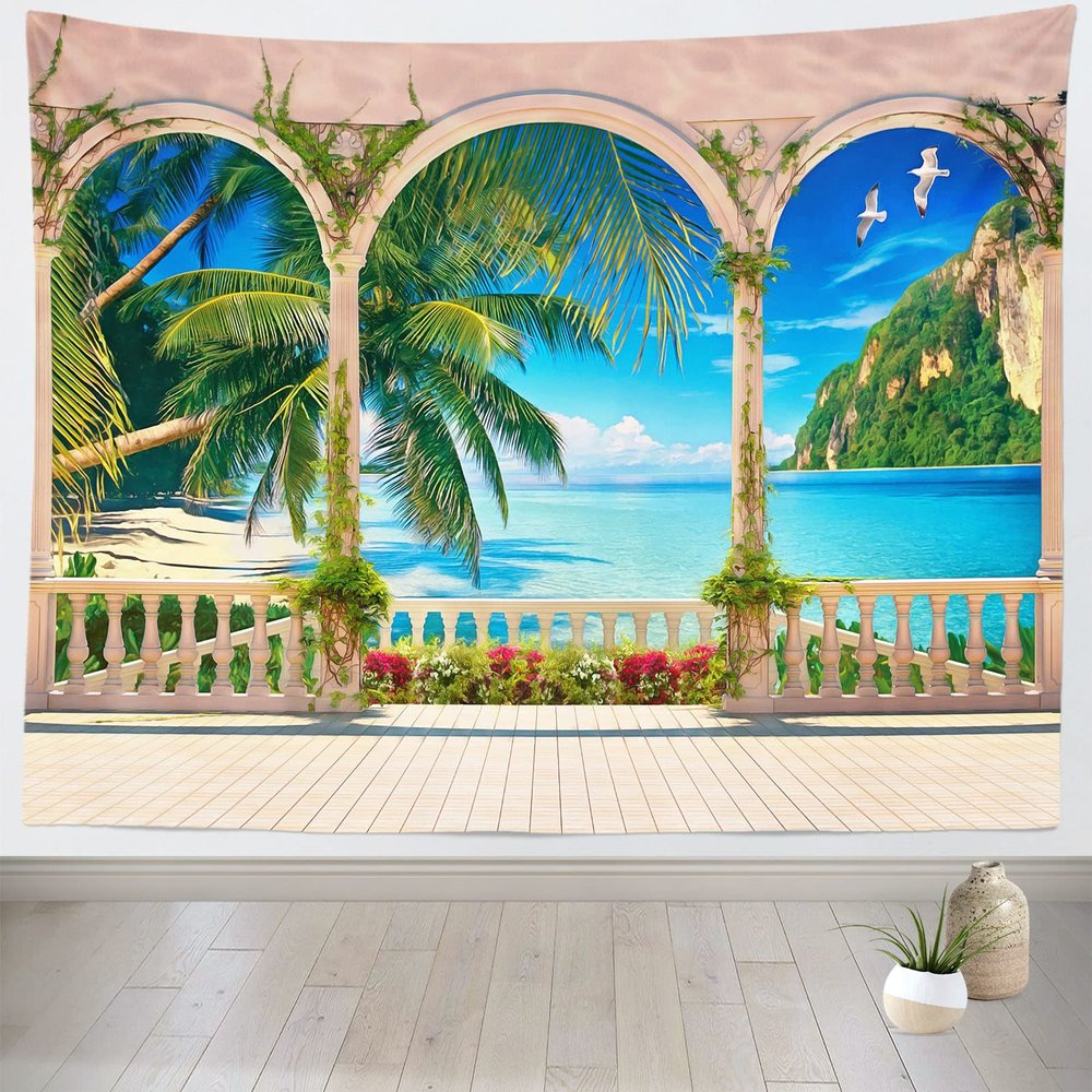 BELECO Large Tropical Paradise Beach Tapestry Summer Seaside Palm Trees Ocean Tapestry European Palace Garden Balcony Archway Scenery Nature Tapestry for Living Room Bedroom Dorm Decor