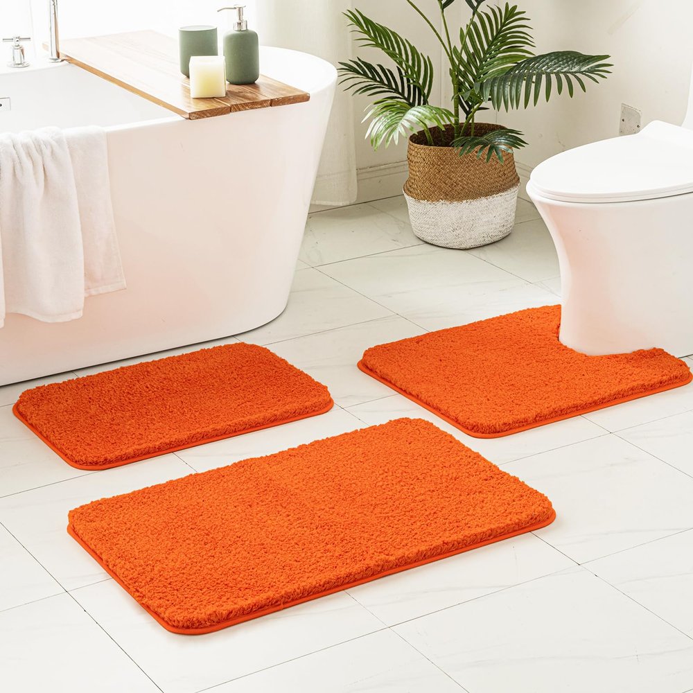 MIULEE Orange Bathroom Rugs Sets 3 Piece Including U Shaped Toilet Rug - Soft Absorbent Bath Mats Set with Non Slip Rubber Backside, Machine Washable - 20"x30"+16"x24"+U 20"x20"