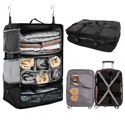 TABITORA Travel Portable Hanging Shelves Closet Organizer Packing Luggage Storage with Multifunctional and Foldable Invisible Compartment,Lightweight, for Suitcase, RV,ClosetBlack,XXL