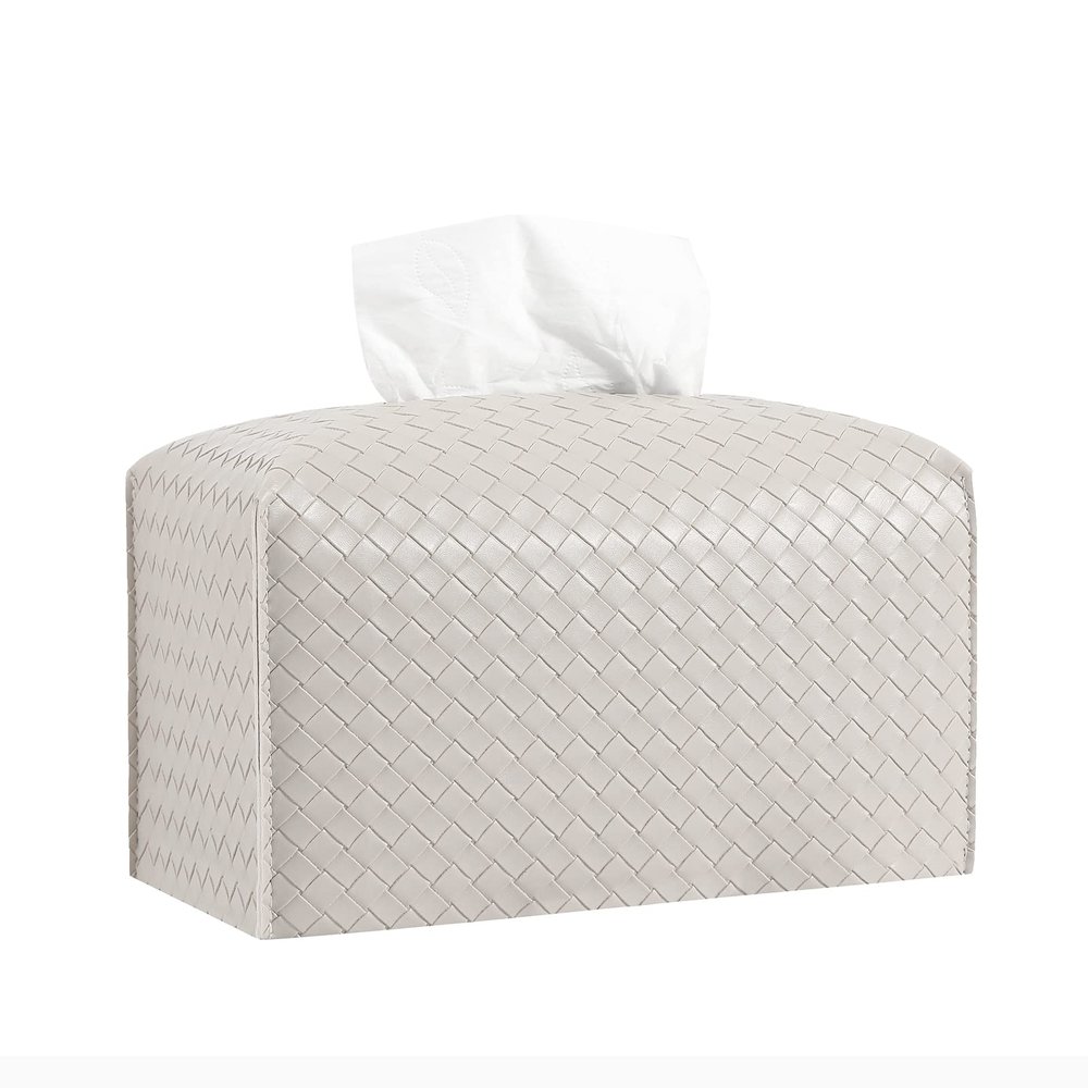 Tissue Box Cover PU Leather Tissue Holder Square Facial Tissue Case Facial Paper Organizer Dispenser for Bathroom, Vanity Countertop, Tabletop, Car, Rectangle, Griege