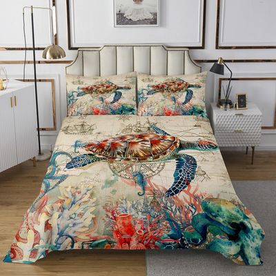 Erosebridal Octopus Bedspread, 3D Sea Turtle Bedding for Kids Boys Girls, Retro Sailboat Crab Reptile Quilt Set, Teal Jellyfish Coverlet Set, Marine Mediterranean Style Quilted Coverlet, King