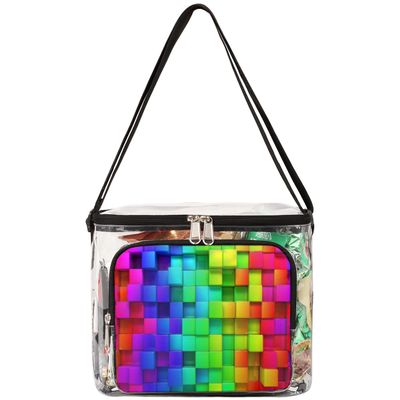 bisibuy Rainbow Box Pattern Clear Lunch Bag Stadium Approved PVC Plastic See Through Lunch box with Adjustable Strap for Sports Events Concerts Office