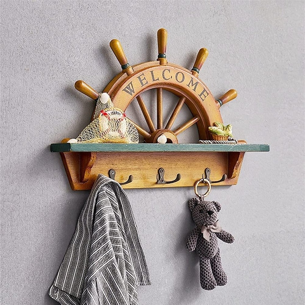 AKYLDI Wall Mounted Coat Rack Key Hooks, Entryway Key Holder for Wall with 3 Hooks Organizer for Wall Touch for Your Entryway, Drawing Room, Creative Wooden Rudder Style