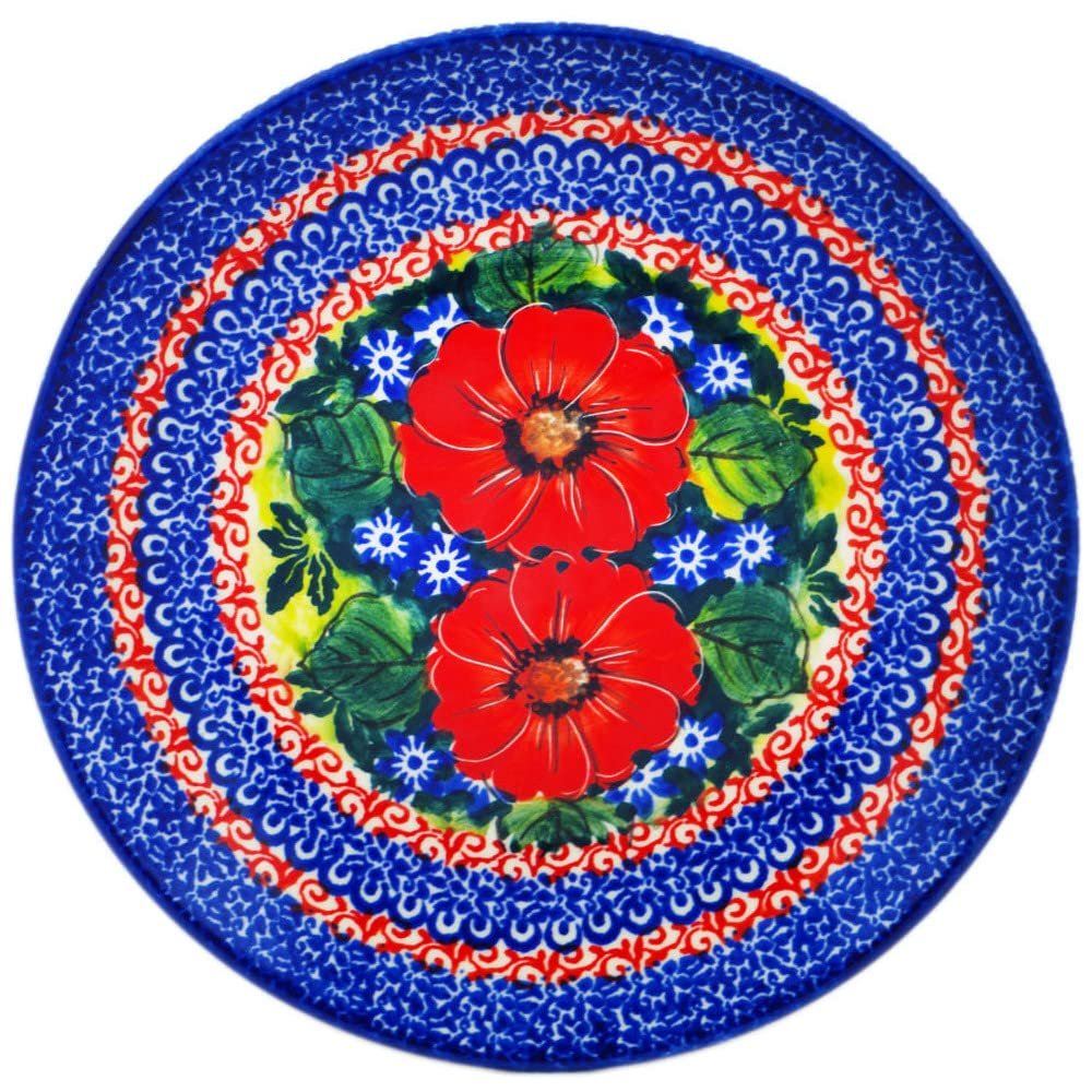 Polmedia Polish Pottery Dessert Plate UNIKAT - Red Finesy Pattern Handmade in Boleslawiec Poland + Certificate of Authenticity