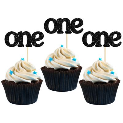 24Pcs One Cupcake Toppers Glitter Baby 1st Birthday Party Cupcake Food Picks Baby Shower Boys Girls Kids First Birthday Party Cake Decorations Supplies Black