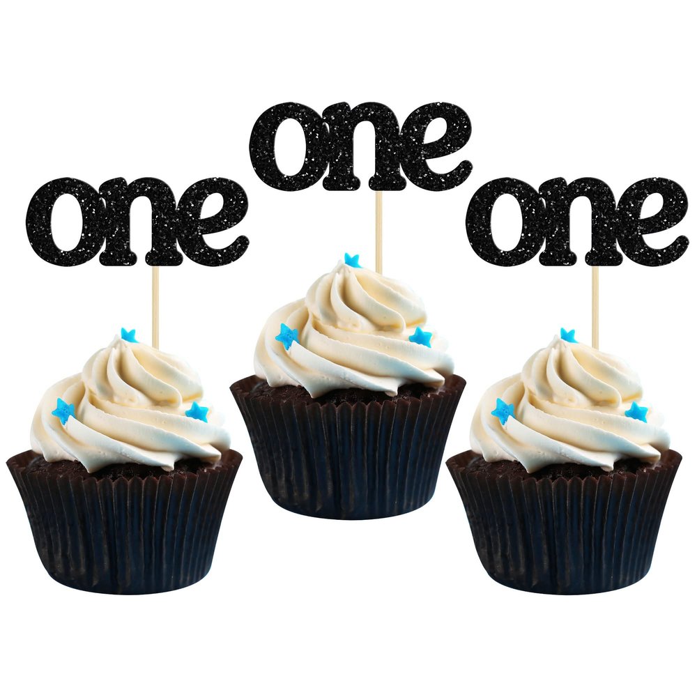 24Pcs One Cupcake Toppers Glitter Baby 1st Birthday Party Cupcake Food Picks Baby Shower Boys Girls Kids First Birthday Party Cake Decorations Supplies Black