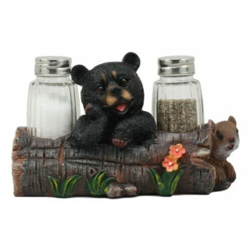 1 Pcs Of Baby Bear Cub Sitting In Log With Squirrel Salt And Pepper Shakers Holder Statue
