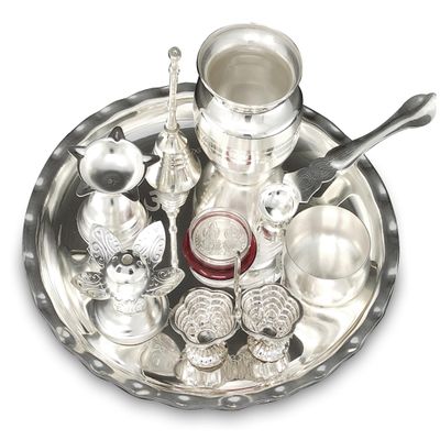 BENGALEN Puja Items Silver Plated Pooja thali Set 8 Inch with Plate Ghanti Bowl Spoon Dhup Dan Diya Kumkum Holder Coin Thali for Home Mandir Office Wedding Return Diwali Gift Items