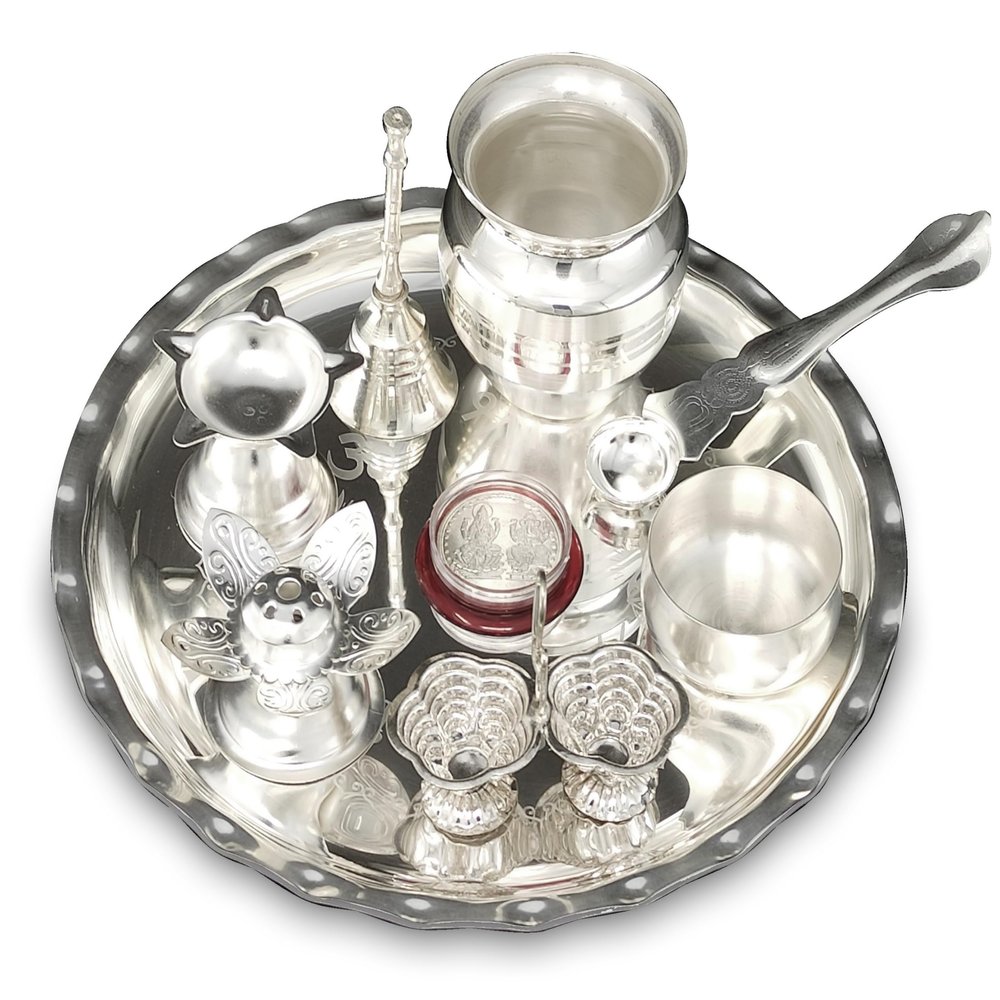 BENGALEN Puja Items Silver Plated Pooja thali Set 8 Inch with Plate Ghanti Bowl Spoon Dhup Dan Diya Kumkum Holder Coin Thali for Home Mandir Office Wedding Return Diwali Gift Items