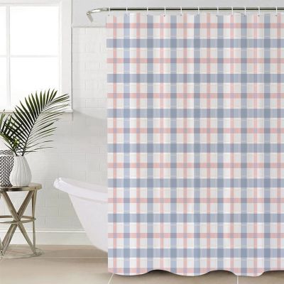Blue Pink Plaid Shower Curtain Set - Small 36" x 72" Washable Bathtub Curtain with 12 Hooks, Simple Cream Blue Pink Checkered Waterproof Fabric Stall Shower Curtains for Bathroom/Bathtub Dcor