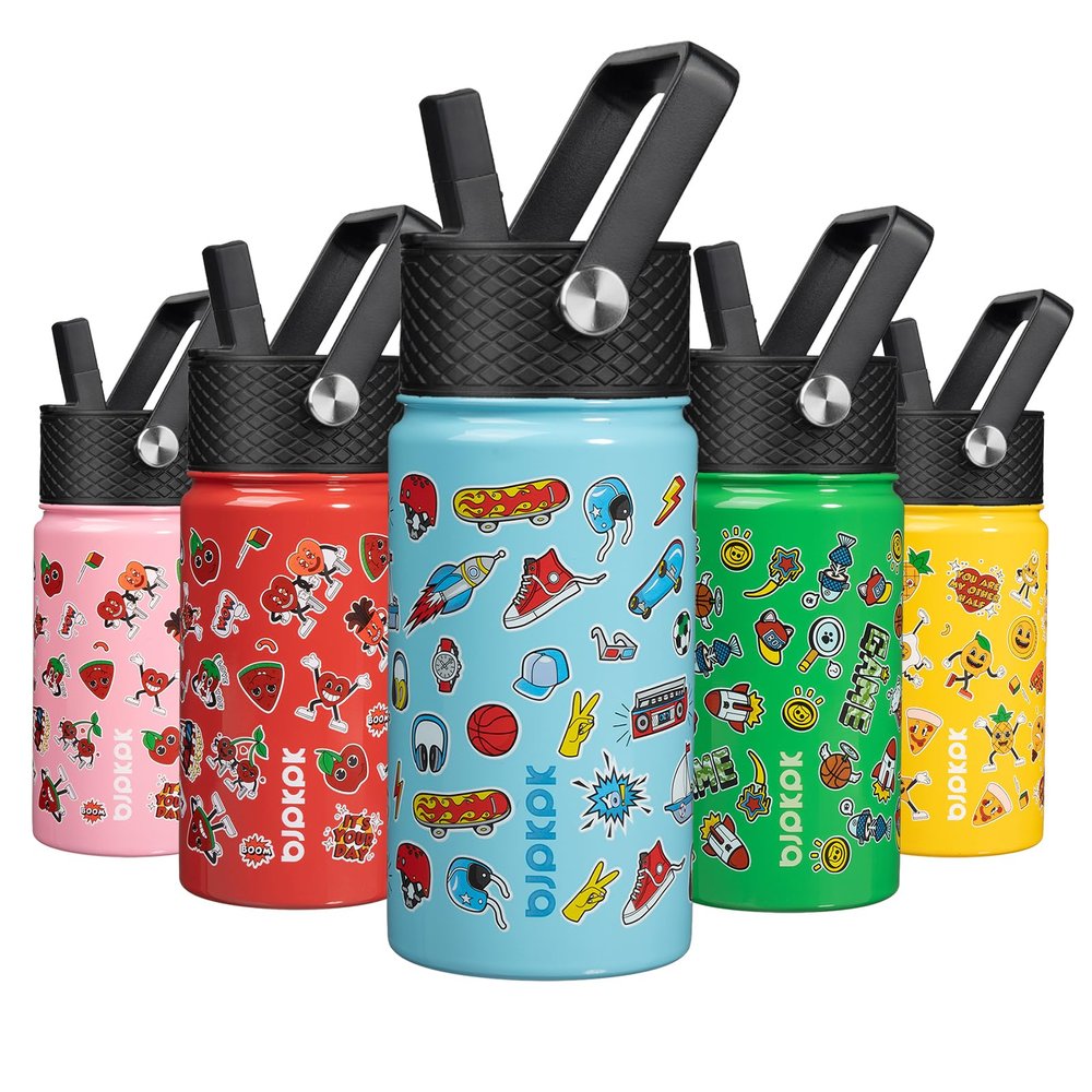 BJPKPK Insulated Water Bottle with Straw Lid, 15 oz Stainless Steel Metal Water Bottles, Reusable Leak Proof BPA Free Water Bottles, Cups, Thermo, Playground