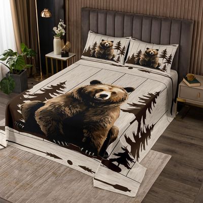 Feelyou Bear Bedspread Western Wildlife Bear Printed Kids Quilted Coverlet for Boys Girls Wild Animal Coverlet Set Breathable Quilted Room Decor Twin Size