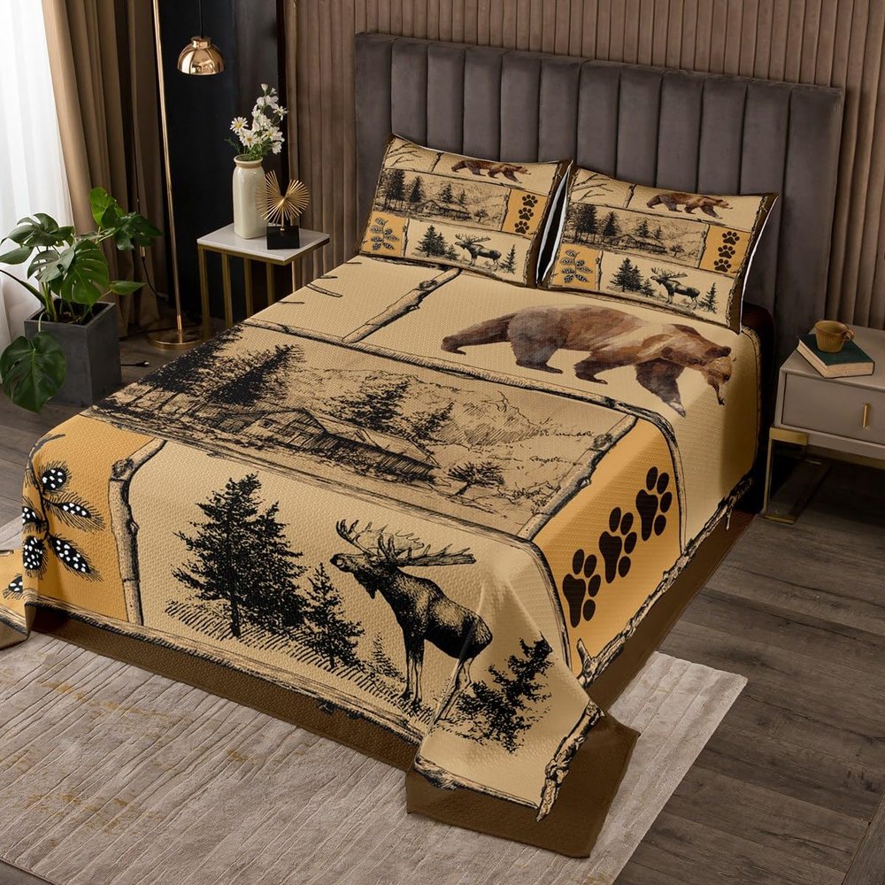Feelyou Wildlife Bedspread Retro Moose Cabin Print Kids Quilted Coverlet for Boys Girls Rustic Western Coverlet Set Breathable Farmhouse Wild Animal Quilted Room Decor King Size