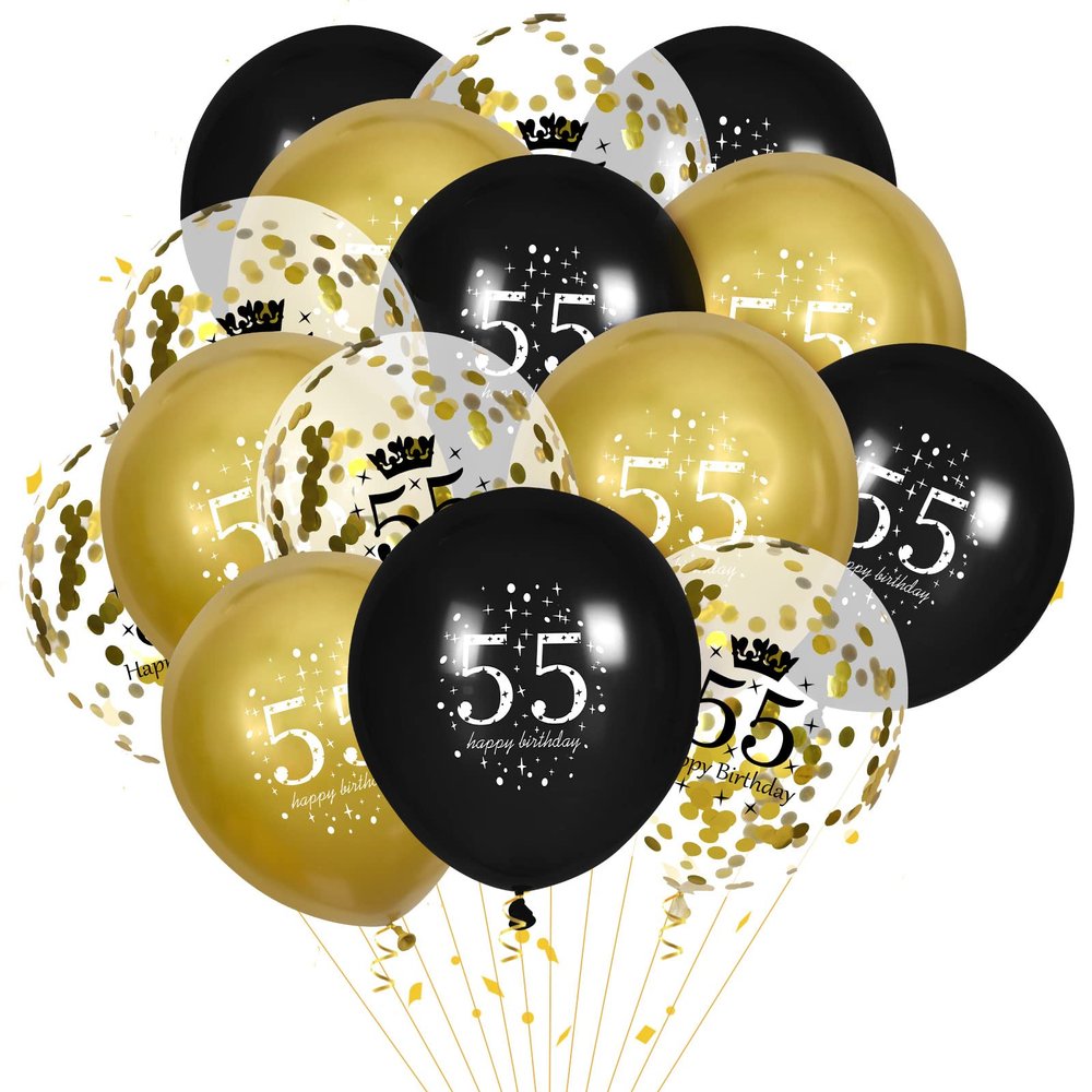 55th Birthday Balloons for Men, 15 Pcs Black Gold Happy 55th Birthday Balloons, Black Gold 55th Birthday Party Decorations Balloons for Men Women 55th Birthday Decor