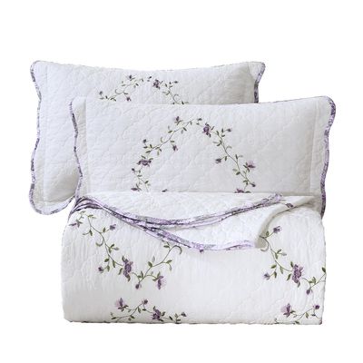 vctops 3-Piece Elegant Floral Embroidered Bedspread Coverlet Set 100% Cotton Reversible Patchwork 1 Quilt and 2 Pillow Shams Full/Queen, Purple