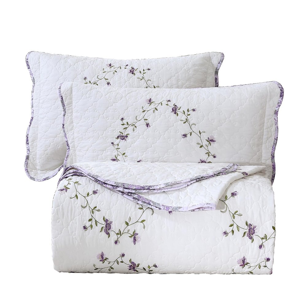 vctops 3-Piece Elegant Floral Embroidered Bedspread Coverlet Set 100% Cotton Reversible Patchwork 1 Quilt and 2 Pillow Shams Full/Queen, Purple