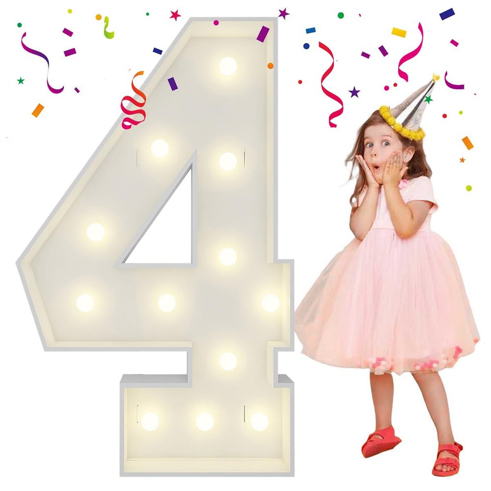 4FT Light Up Numbers Letters, Mosaic Numbers for Balloons, Marquee Light Up Letters, Giant Mosaic Balloon Number 4 for 4th 40th Birthday Decorations, 40th Anniversary Party Decor