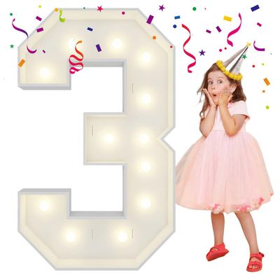 4FT Light Up Numbers Letters, Mosaic Numbers for Balloons, Giant Marquee Numbers, Mosaic Balloon Number 3 for 3rd 13th 30th Birthday Party Decorations, Anniversary Party Decor