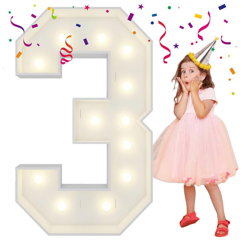 4FT Light Up Numbers Letters, Mosaic Numbers for Balloons, Giant Marquee Numbers, Mosaic Balloon Number 3 for 3rd 13th 30th Birthday Party Decorations, Anniversary Party Decor