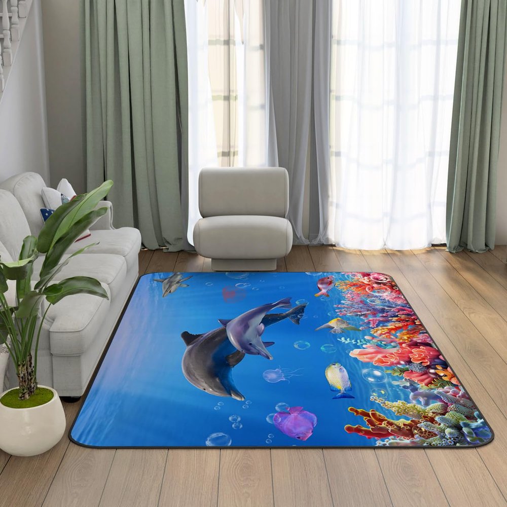 3D Underwater World Area Rugs Durable Ocean Dolphin Floor Mat for Bedroom Bathroom Living Room Decor Comfortable Carpet 79 * 63 inch