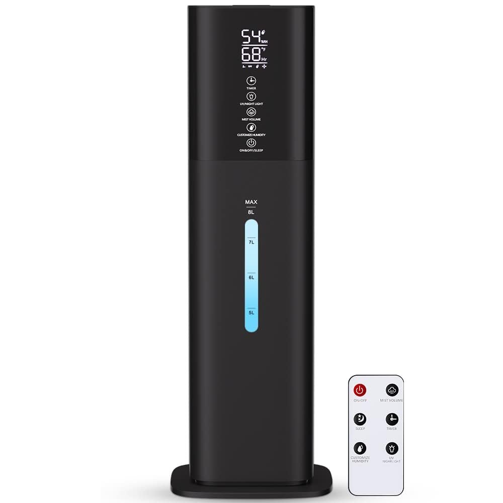 Humidifiers Large Room Bedroom with 7 Colors Light, 2.1Gal(8L) 3 Speed Quiet Ultrasonic Cool Mist Humidifier with 360 Nozzle, Humidity Setting, Timer,Aroma Box for Home Plant Baby Yoga Sleep (Black)