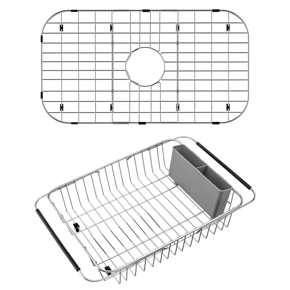 SANNO 26" L X 14" Sink Grid Protectors, Sink Protector Grid for Kitchen Sink Over The Sink Expandable Dish Drying Rack, Dish Drainer, Hold Up Dishes, Utensils Organization, Stainless Steel