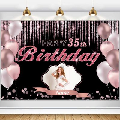Custom Rose Gold Happy 35th Birthday Decoration Banner - Large Sizes-Personalization with Name and Photo Supported