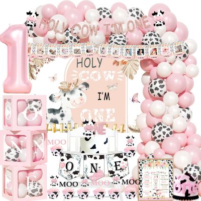 Hombae Holy Cow Im One Birthday Decorations Girl, Cow First Party Decorations, Pink Moo Backdrop Balloon Banners Cutout Cake Cupcake Topper Box Crown Poster for Girls Pink 1st Birthday Supplies