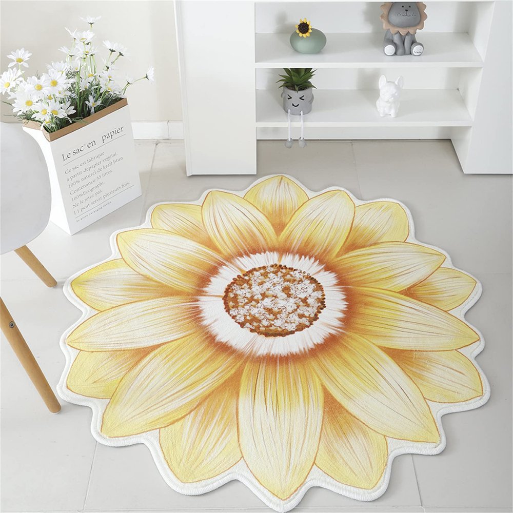 Flower Shaped Rug 7ft Yellow Medallion Chrysanthemum Carpet, Living Room Decor Area RugsSuitable for Bathroom, Bedroom and Living Room | Non-Slip Backing Easy to Clean