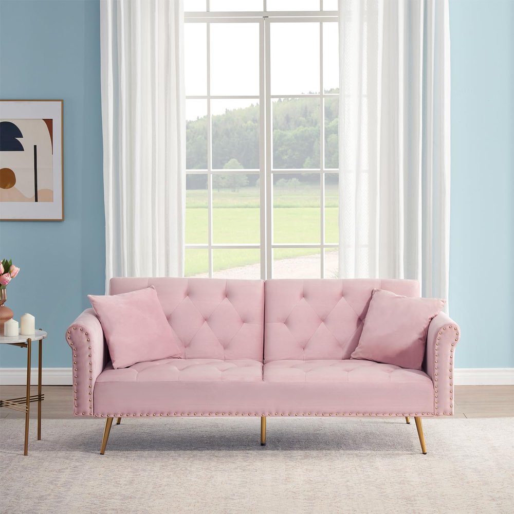 Modern Velvet Fabric Sofa Bed Futon with 2 Pillows,5 Metal Legs,Couch with 3 Adjustable Angles,Convertible Small Loveseat Folding Sleeper Sofa Bed for Compact Living Spaces,Bedroom,Apartment (Pink)
