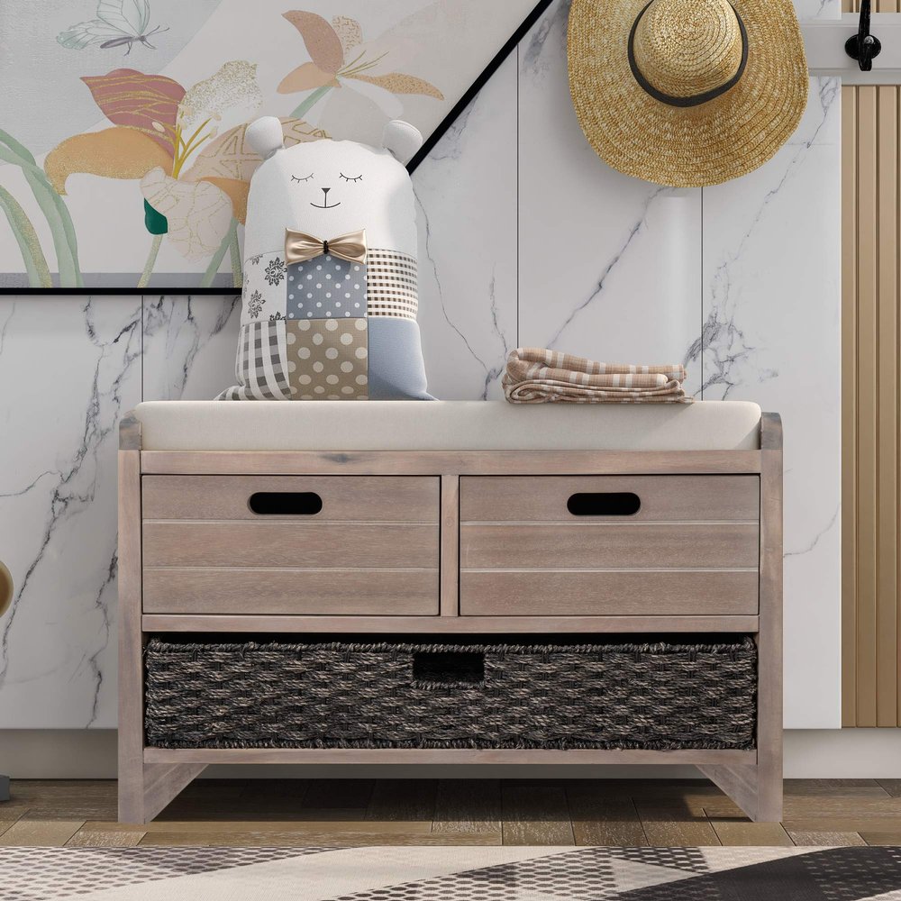 CITYLIGHT Storage Bench, Entryway Bench with Removable Basket and 2 Drawers, Shoe Bench with Removable Cushion for Hallway, Entryway, Living Room (White Washed),32 inchs