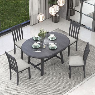 5-Piece Kitchen Dining Table Set, Extendable Round Dining Table with 4 High-Back Dining Chairs Wood Kitchen Dining Room Functional Furniture Set for 4 Person, for Dining Room, Gray