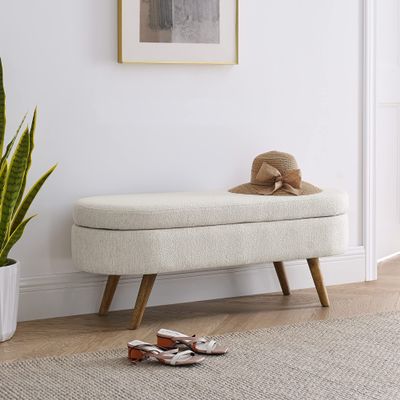Deolme 43.5 L Storage Ottoman Bench, Modern Flip Top Entryway Bench, Upholstered Linen Fabric End of Bed Bench Footstool with Rubber Wood Legs for Living Room, Bedroom, Entryway (Beige)