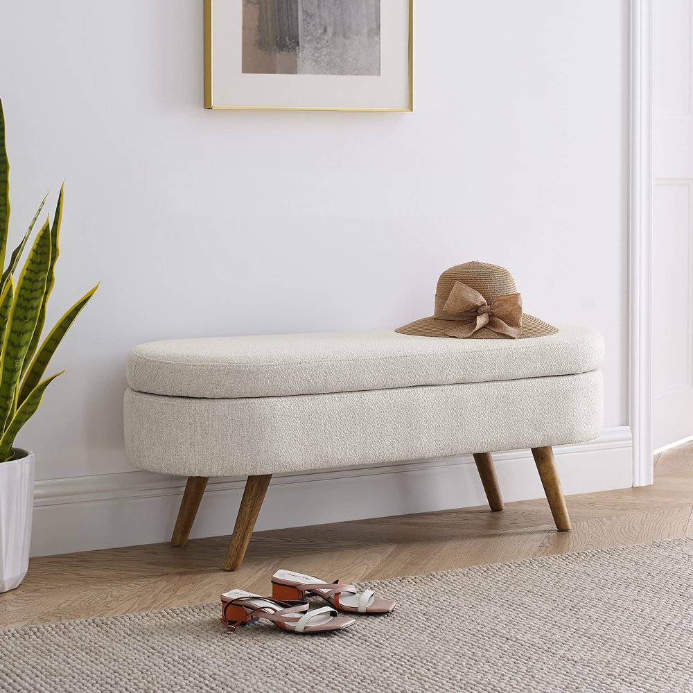 Deolme 43.5 L Storage Ottoman Bench, Modern Flip Top Entryway Bench, Upholstered Linen Fabric End of Bed Bench Footstool with Rubber Wood Legs for Living Room, Bedroom, Entryway (Beige)