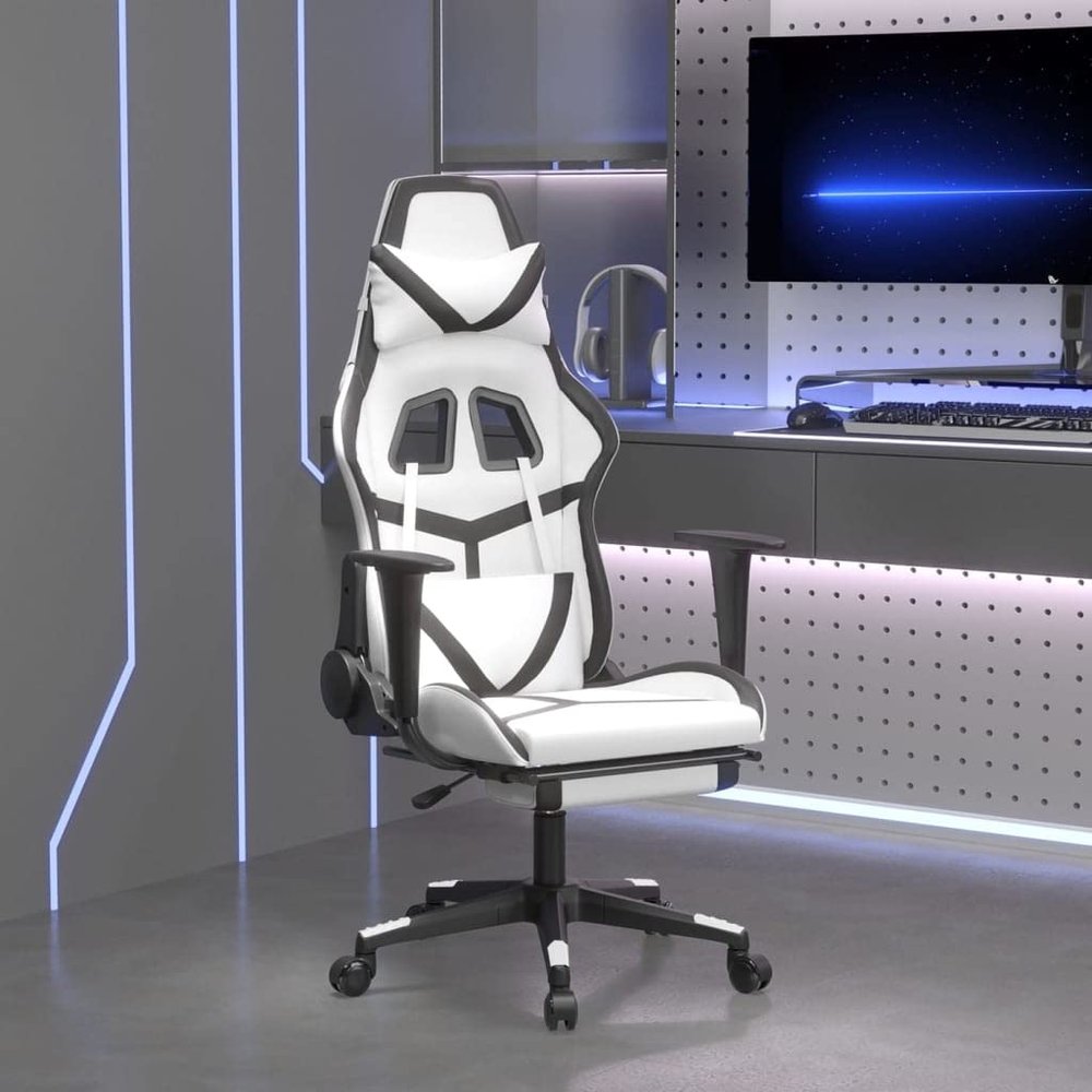 CUMYZO Massage Gaming Chair with Footrest White&Black Faux Leather 16.1kg/35.42ib Gaming Chairs