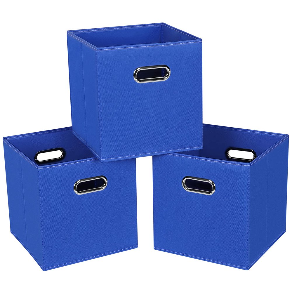SEVENDOME Fabric Cloth Storage Bins,Fabric Cube Bins Organizer with Dual Handles Foldable Cube Storage Baskets for Home Bedroom Storage,Set of 3,(Dark Blue)
