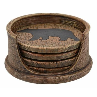 1 Set of Faux Wood Rustic Forest Black Bear Coaster Holder with 4 Round Coasters