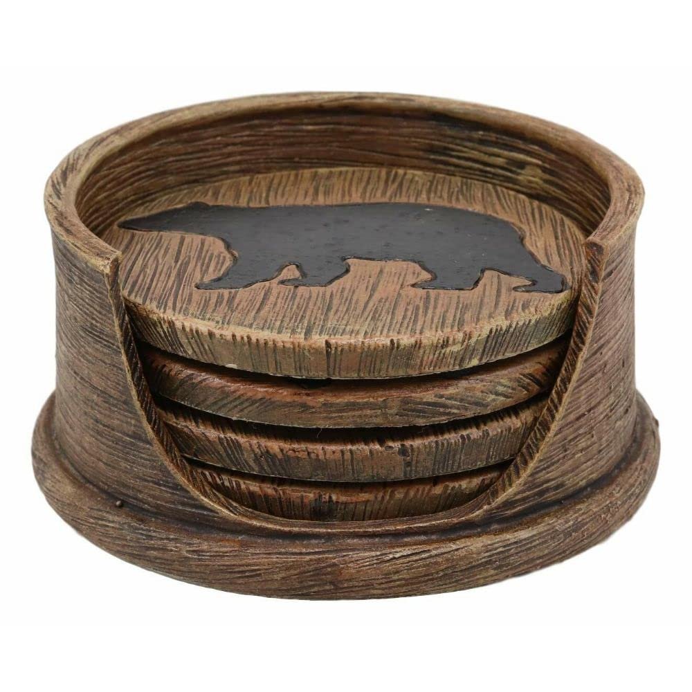 1 Set of Faux Wood Rustic Forest Black Bear Coaster Holder with 4 Round Coasters