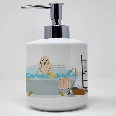 Caroline's Treasures WDK5791SOAP Buff Cocker Spaniel in Bathtub Ceramic Soap Dispenser Hand Soap Dispenser Pump Bottles for Bathroom Kitchen, Empty Refillable Liquid Soap Container