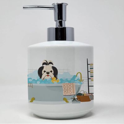 Caroline's Treasures WDK5785SOAP Black White Shih Tzu in Bathtub Ceramic Soap Dispenser Hand Soap Dispenser Pump Bottles for Bathroom Kitchen, Empty Refillable Liquid Soap Container