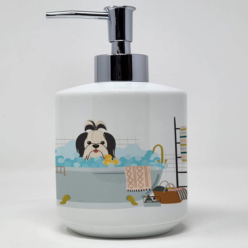 Caroline's Treasures WDK5785SOAP Black White Shih Tzu in Bathtub Ceramic Soap Dispenser Hand Soap Dispenser Pump Bottles for Bathroom Kitchen, Empty Refillable Liquid Soap Container