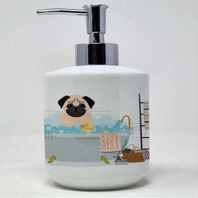 Caroline's Treasures WDK5705SOAP Fawn Pug in Bathtub Ceramic Soap Dispenser Hand Soap Dispenser Pump Bottles for Bathroom Kitchen, Empty Refillable Liquid Soap Container