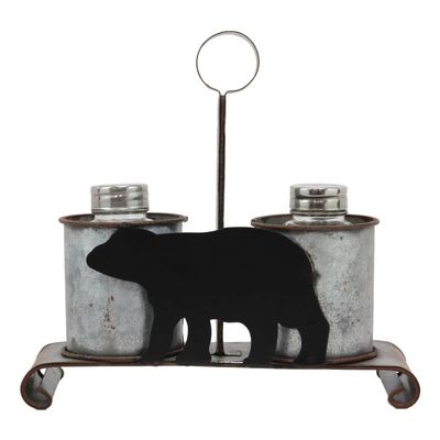 1 Pcs Of Galvanized Metal Western Rustic Black Bear Salt & Pepper Shakers Holder Carrier