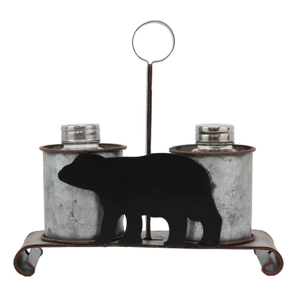 1 Pcs Of Galvanized Metal Western Rustic Black Bear Salt & Pepper Shakers Holder Carrier