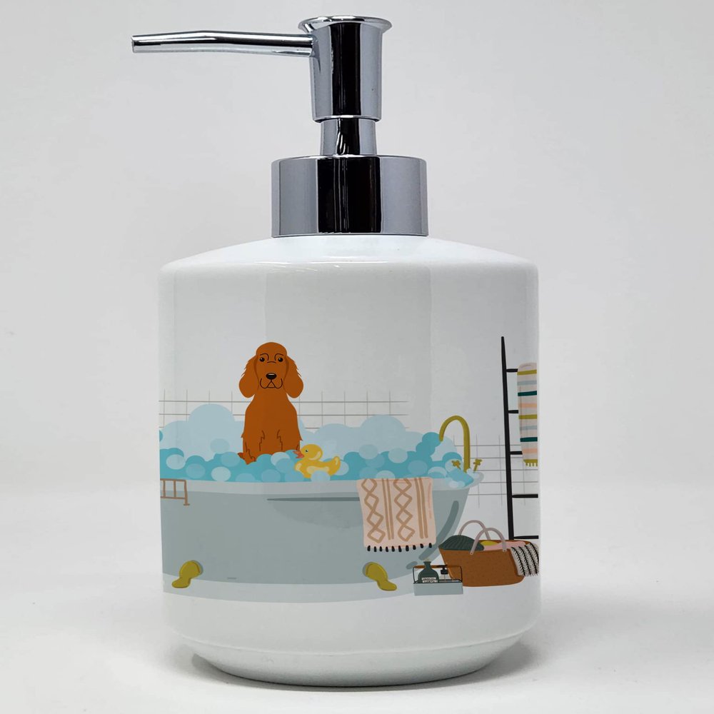 Caroline's Treasures WDK5761SOAP Irish Setter in Bathtub Ceramic Soap Dispenser Hand Soap Dispenser Pump Bottles for Bathroom Kitchen, Empty Refillable Liquid Soap Container