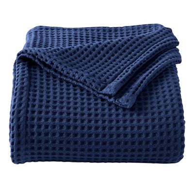 100% Cotton Waffle Weave Bed Blanket | Soft, Breathable, and Lightweight Blanket for All-Season | Perfect for Layering | Brielle Collection (Full/Queen, Navy)