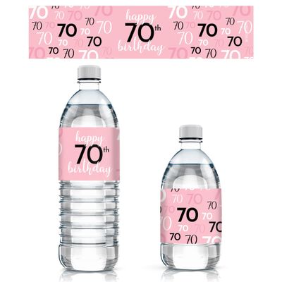 Distinctivs Party Pink 70th Birthday Party Water Bottle Labels - 20 Waterproof Wrappers, 70th Birthday Decorations for Women