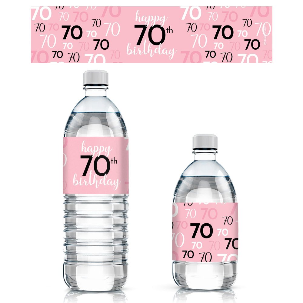 Distinctivs Party Pink 70th Birthday Party Water Bottle Labels - 20 Waterproof Wrappers, 70th Birthday Decorations for Women