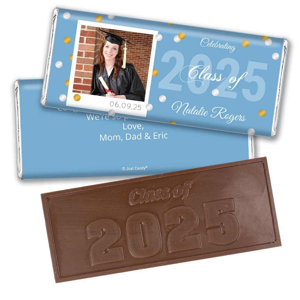 36ct Personalized Graduation Party Favors Engraved Chocolate Bars with Photo (36 Count) - Baby Blue